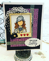 Layered black-and-purple card framing the sketched camera planner girl with red heart accents and 'every picture tells a story.'