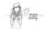 Black-and-white line-art stamp of a sketched planner girl in a cap holding a camera beside a small photo-frame and 'every picture tells a story' script.