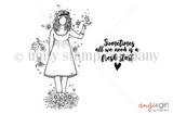 Black-and-white line-art stamp of a whimsical girl in a flowing dress tossing petals, with the sentiment 'Sometimes all we need is a fresh start.'