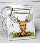 Card with the baby moose colored in browns on a stitched frame and 'it moose be your birthday.'