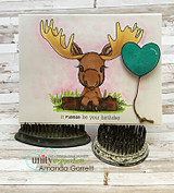 Card with the baby moose reaching for a teal heart balloon and 'it moose be your birthday.'