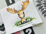 Card with the little moose over black leaf paper and a soft wash background.