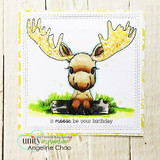 Card with the baby moose on a square stitched frame and 'it moose be your birthday.'