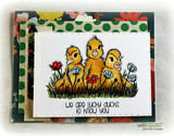 Card with the ducklings on kraft framed by green polka-dot and floral papers.