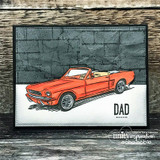 Card with an orange convertible on woodgrain paper and a "DAD" sentiment