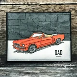 Card with an orange convertible on woodgrain paper and a "DAD" sentiment
