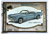 Card with a blue convertible on a metal-plate frame and "hello handsome"