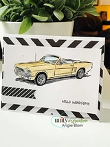 White card with a yellow vintage convertible and "hello handsome," black striped accents
