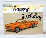 Kraft card with an orange vintage convertible and a "happy birthday" sentiment