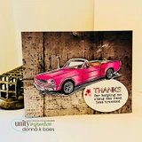Card with a pink convertible on a dark woodgrain background and "Thanks for helping me along the road less traveled"