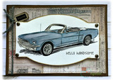 Card with a blue convertible on a metal-plate frame and "hello handsome"