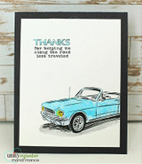 Black-framed card with a teal convertible and "Thanks for helping me along the road less traveled"