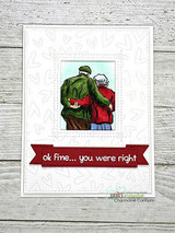 An older couple walking arm in arm stamped in red rubber and colored on a handmade card reading "Grow old with me."
