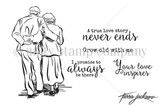 Line-art red rubber stamp set 'Promise Always' showing an older couple walking arm in arm, by Tierra Jackson, with sentiments 'A true love story never ends' and 'grow old with me.'