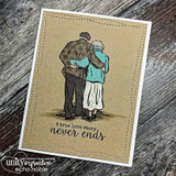 An older couple walking arm in arm hand-stamped on a card and lettered "Your love inspires."