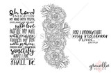 Line-art red rubber stamp of a tall gardenia floral border beside a scripture prayer sentiment.
