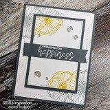 Grey card with outlined poppies in a jar on two panels, 'Wishing you happiness.'