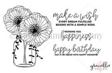 Black-and-white stamp set of poppies in a mason jar with sentiments 'make a wish,' 'wishing you happiness' and 'happy birthday may it be filled with happy moments.'