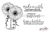 Black-and-white stamp set of poppies in a mason jar with sentiments 'make a wish,' 'wishing you happiness' and 'happy birthday may it be filled with happy moments.'