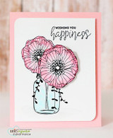 Pink card with soft pink poppies in a jar and 'Wishing you happiness.'