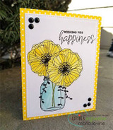 Yellow polka-dot card with golden poppies in a jar and 'Wishing you happiness.'