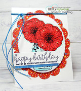 Card with red poppies on a scalloped doily circle and 'happy birthday may it be filled with happy moments.'