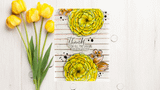 White striped panel with two yellow hand colored ranunculus blooms and a Thanks for all the laughs strip, styled with fresh yellow tulips.