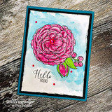 Torn edge watercolor panel in soft blue on a teal card, with the ranunculus hand colored in hot pink and green and Hello FRIEND stamped below.