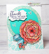 White card with a teal circle and lace stamping, a coral and orange hand colored ranunculus and a cloud label reading Thanks for all the laughs and all the good times.