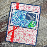 Navy card with an all over red rose print panel, a blue and green colored ranunculus on a white frame and a navy Hello FRIEND label, tied with red ribbon.