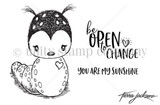 Cuddlebug Caterpillar red rubber stamp set: a big-eyed caterpillar with a spotted head and a heart on its chest, with sentiments 'be open to change' and 'you are my sunshine'.