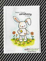 Striped card with the softly colored bunny and chicks, stamped 'happy I found somebunny to love.'