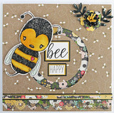 Handmade card featuring the cheery Cuddlebug bumblebee, on a purple honeycomb scene, stamped with 'Bee happy'.