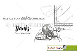 Angelic Wishes red rubber stamp set from Unity Stamp Co, sketched black line art of a girl lying in bed holding a doll and gazing out an open window toward a single star, beside the sentiments 'May all your wishes come true' and 'thanks for listening'.