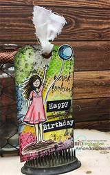 Rainbow-blended tag with the girl in a pink dress and a blue balloon; the birthday wording on the tag is from another set.