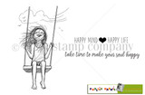Red rubber stamp sheet: a sketch-style little girl swinging beneath a cloud, with the 'Happy mind Happy life' and 'take time to make your soul happy' sentiments.