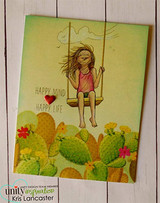 Green card with the swinging girl colored in coral and teal over a cactus-print panel, red heart accent.
