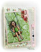 Green floral card with the girl on her swing on a polka-dot panel with a pink sentiment strip.