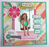 Colorful scrapbook-style card with the girl swinging beside a big pink flower and 'take time to make your soul happy'.