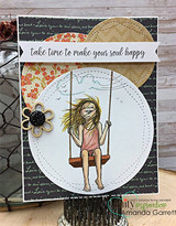 Dark patterned card with the girl on a circle panel and a gold accent, 'take time to make your soul happy' above.