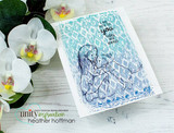 Blue monochrome card of the girl and dog stamped over patterned paper, 'I am here for you today and always.'