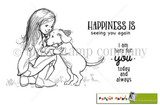 Line-art stamp sheet of a girl kneeling to hug her puppy with 'HAPPINESS IS seeing you again' and 'I am here for you today and always.'