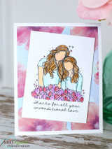 Pink watercolor card with the two girls over tulips, 'Thanks for all your unconditional love.'