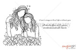 Black-and-white stamp of two young women leaning together among flowers with 'I can't imagine this life without you' and 'Thanks for all your unconditional love.'