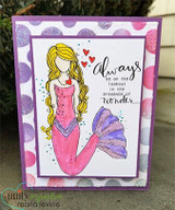 Pink and lavender polka-dot card: the blonde mermaid with a purple tail beneath the presence-of-wonder sentiment.