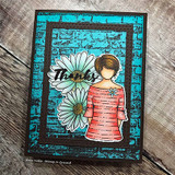 Turquoise brick-stenciled card of Daisy Girl in coral with white daisies, 'Thanks'