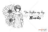 Red rubber stamp art of Angie Blom's Daisy Girl holding oversized daisies with 'You brighten my day. Thanks.'