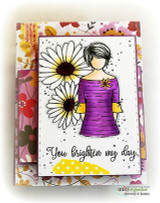 Pink floral card of Daisy Girl in purple with white daisies, 'You brighten my day'