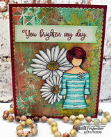 Mixed-media card of Daisy Girl in teal on a mossy collage, 'You brighten my day' banner