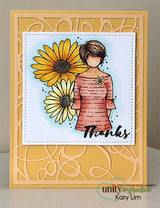 Peach die-cut swirl card of Daisy Girl with yellow sunflowers, 'Thanks'